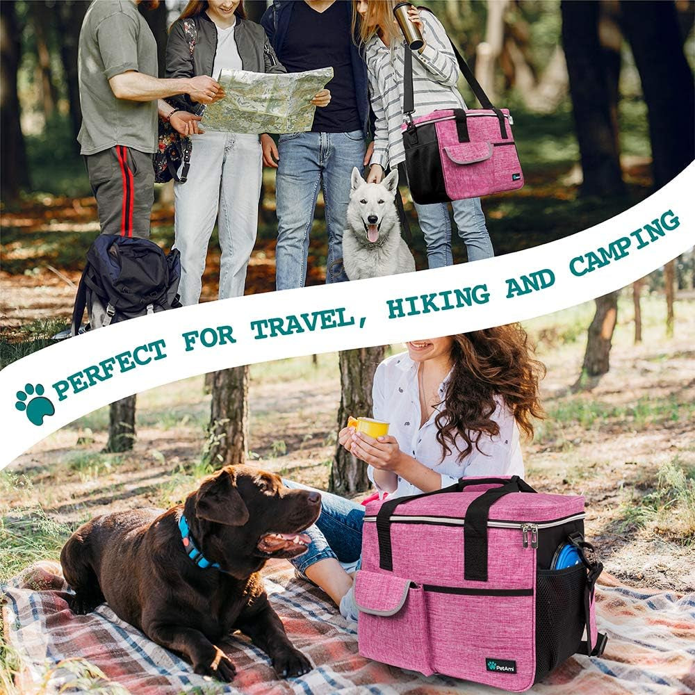 Dog Travel Bag - Travel Pet Organizer with Food Container and Bowls, Perfect for Weekend Camping or Gifting - Pink, Medium