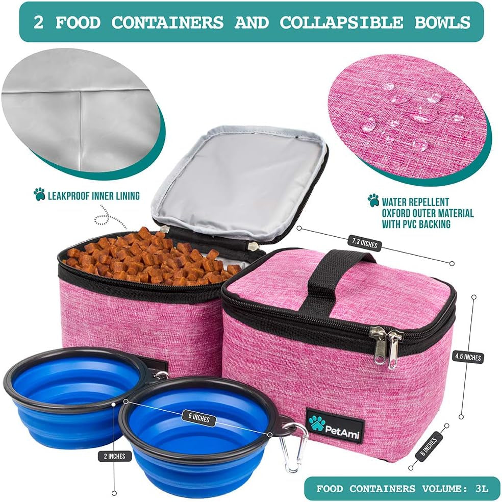 Dog Travel Bag - Travel Pet Organizer with Food Container and Bowls, Perfect for Weekend Camping or Gifting - Pink, Medium