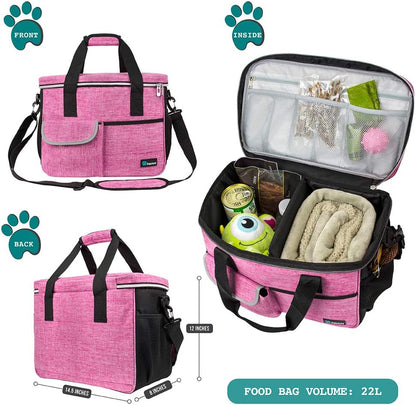 Dog Travel Bag - Travel Pet Organizer with Food Container and Bowls, Perfect for Weekend Camping or Gifting - Pink, Medium