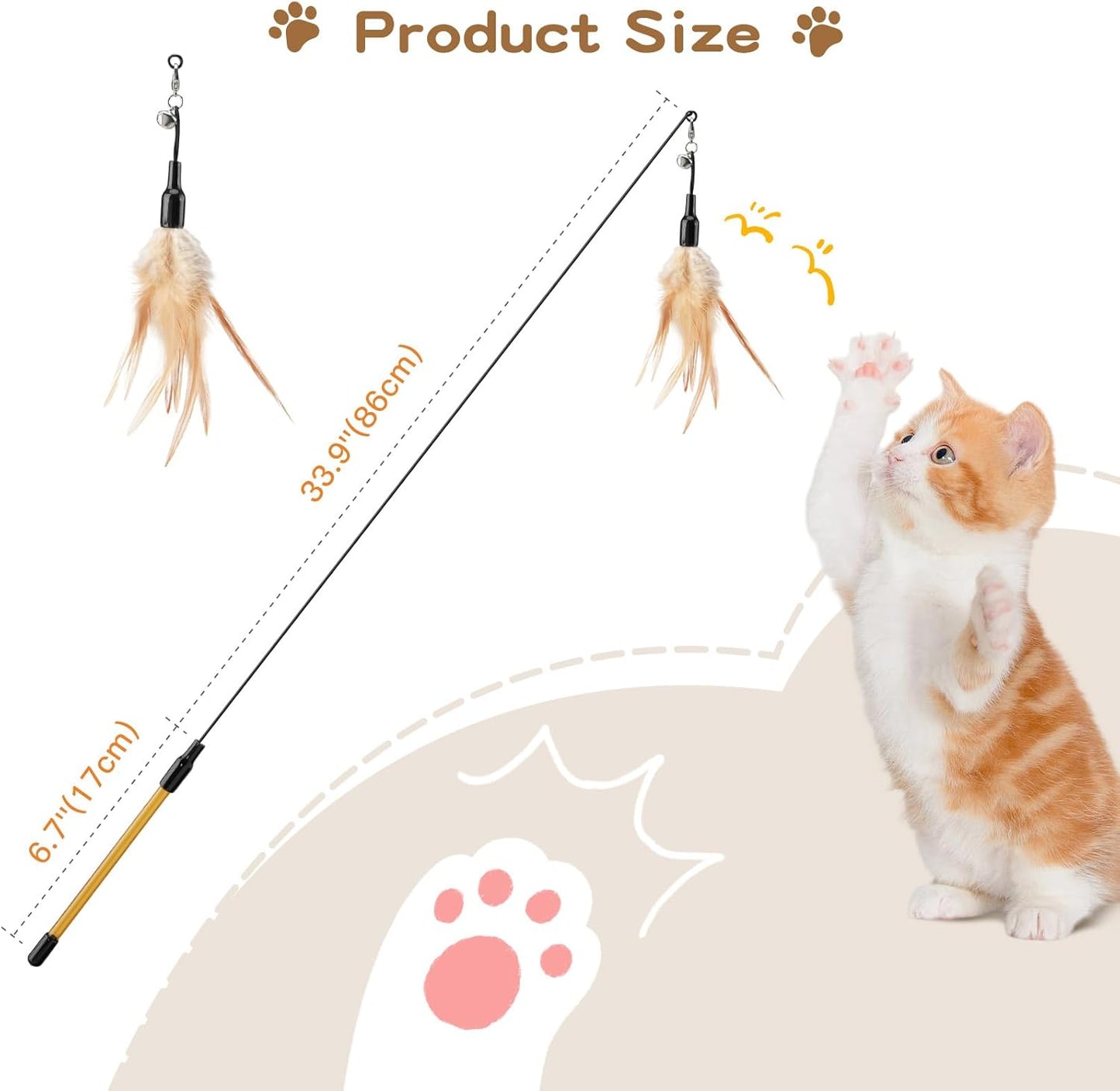 Feather Teaser Cat Toy - Interactive Wand with Extra Long 34.5" Wand and Small Bell, Fun Exerciser Playing Toy for Kittens or Cats, Brown Feather