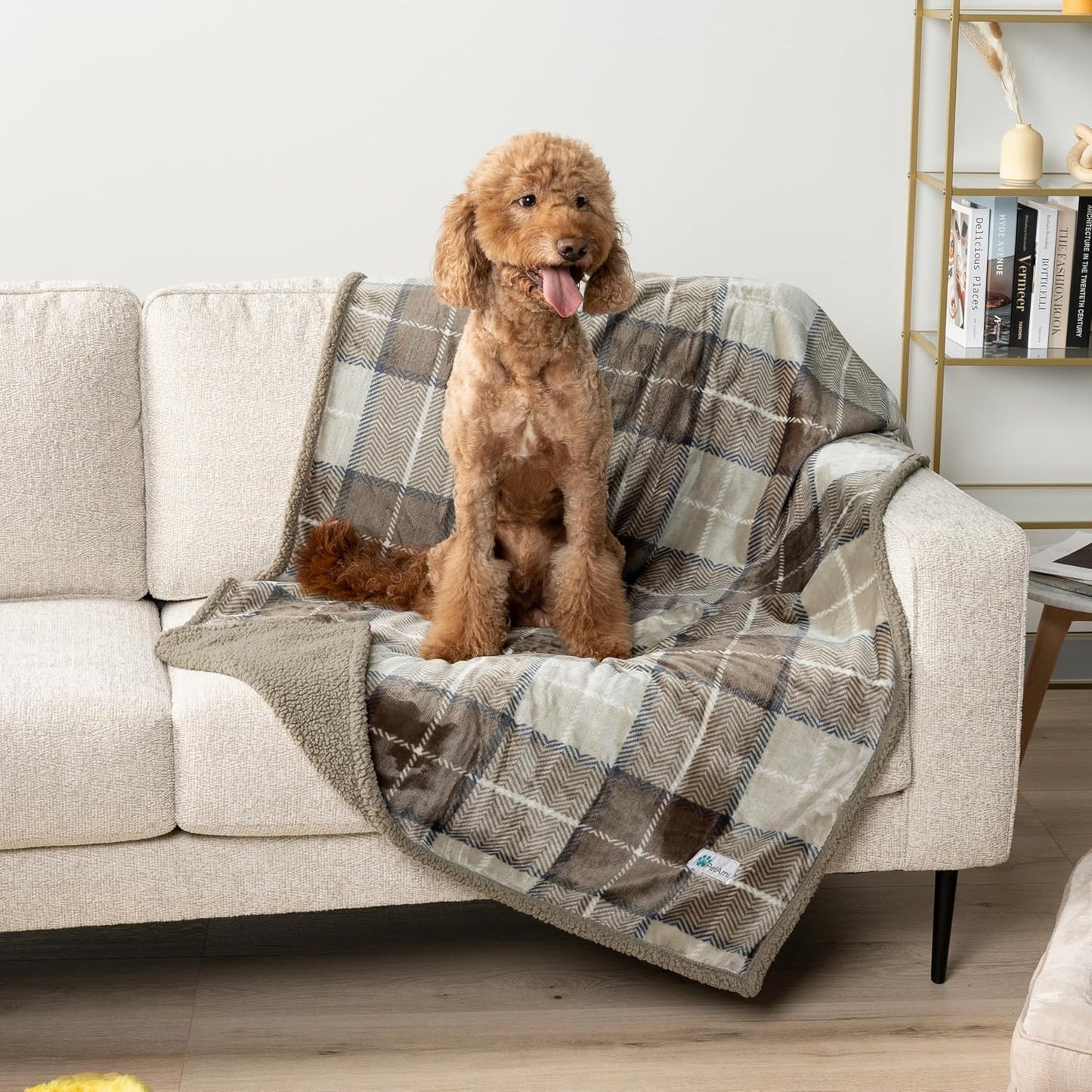 Waterproof Dog Blanket for Medium Large XL Dog Puppy Cat Throw for Couch Cover Leakproof Protection, Sherpa Fleece, Reversible Soft Washable 80X60 Plaid Taupe