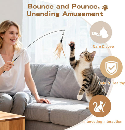 Feather Teaser Cat Toy - Interactive Wand with Extra Long 34.5" Wand and Small Bell, Fun Exerciser Playing Toy for Kittens or Cats, Brown Feather