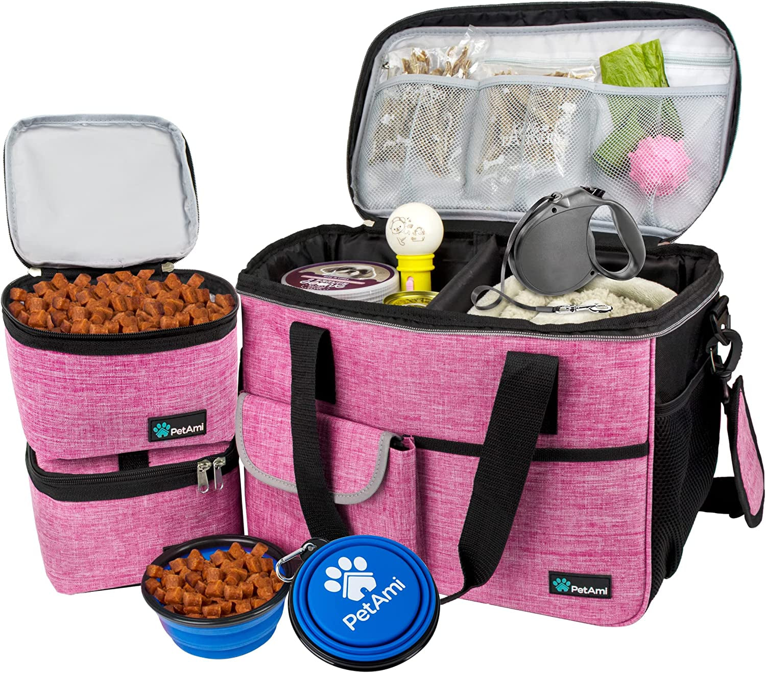 Dog Travel Bag - Travel Pet Organizer with Food Container and Bowls, Perfect for Weekend Camping or Gifting - Pink, Medium