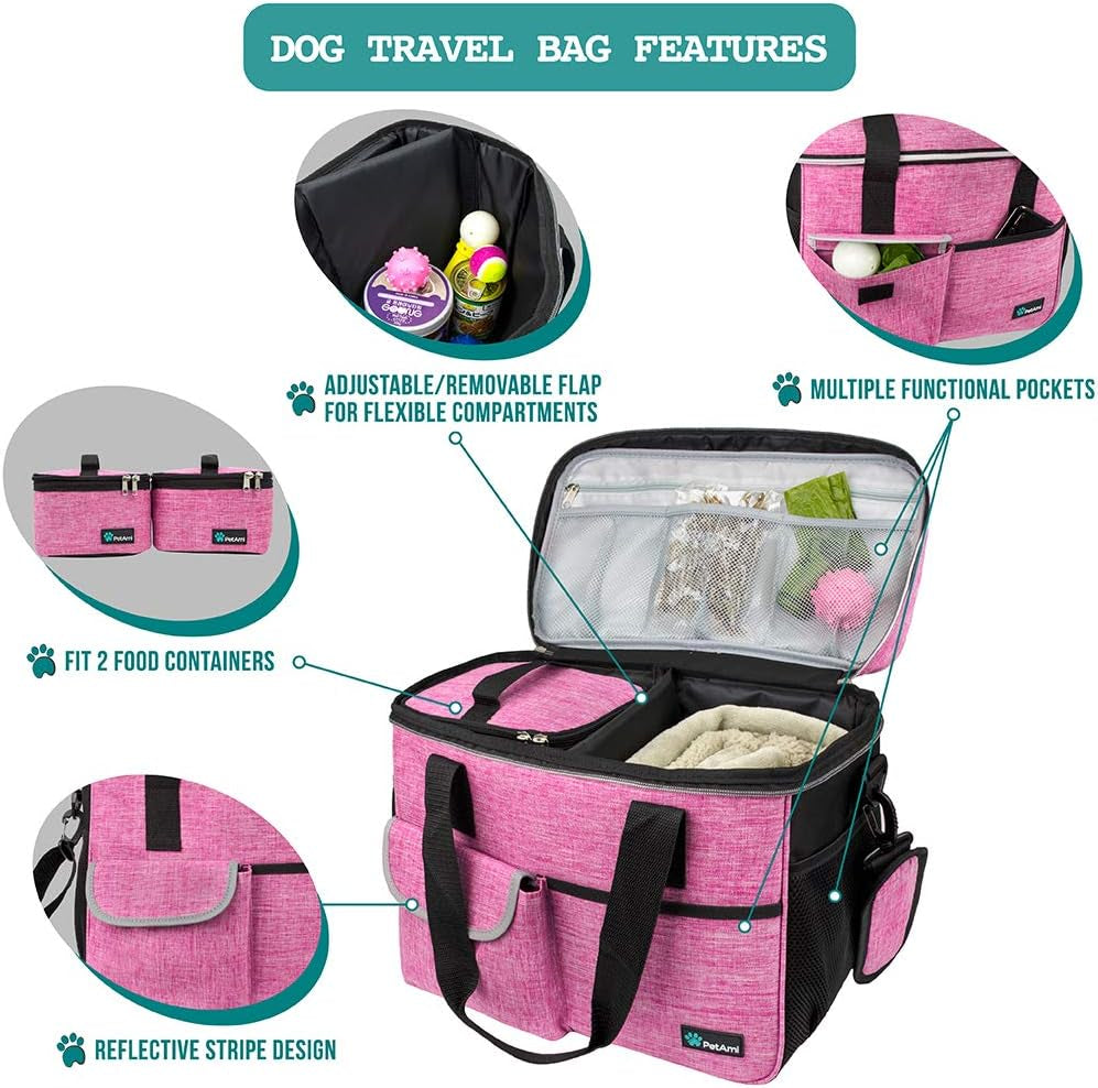Dog Travel Bag - Travel Pet Organizer with Food Container and Bowls, Perfect for Weekend Camping or Gifting - Pink, Medium