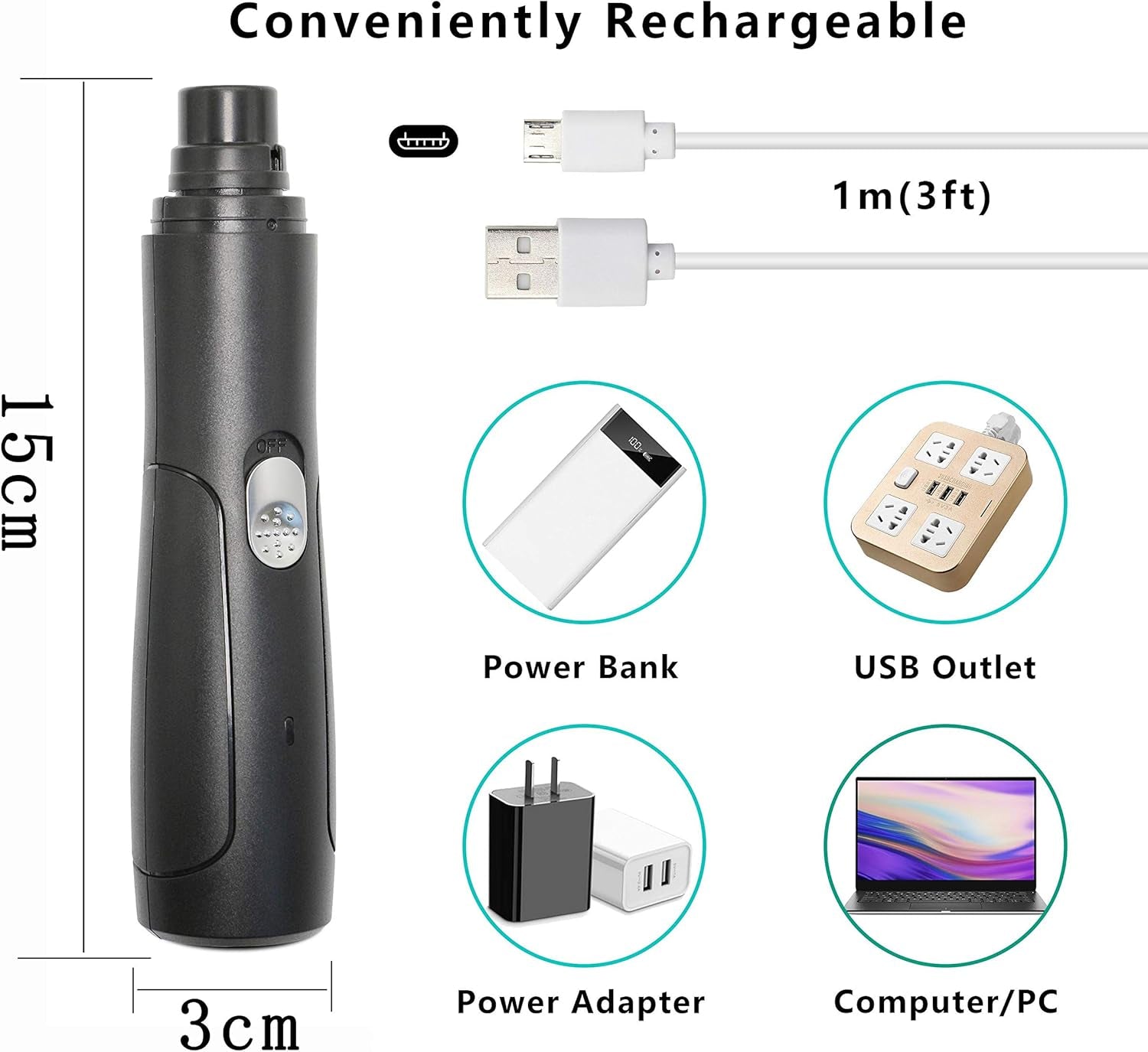 Dog Nail Grinder, Electric Pet Nail Trimmer, Rechargeable Low Noise Dog Nail File Painless Paws Grooming & Smoothing for Small Medium Dogs & Cats (Black)