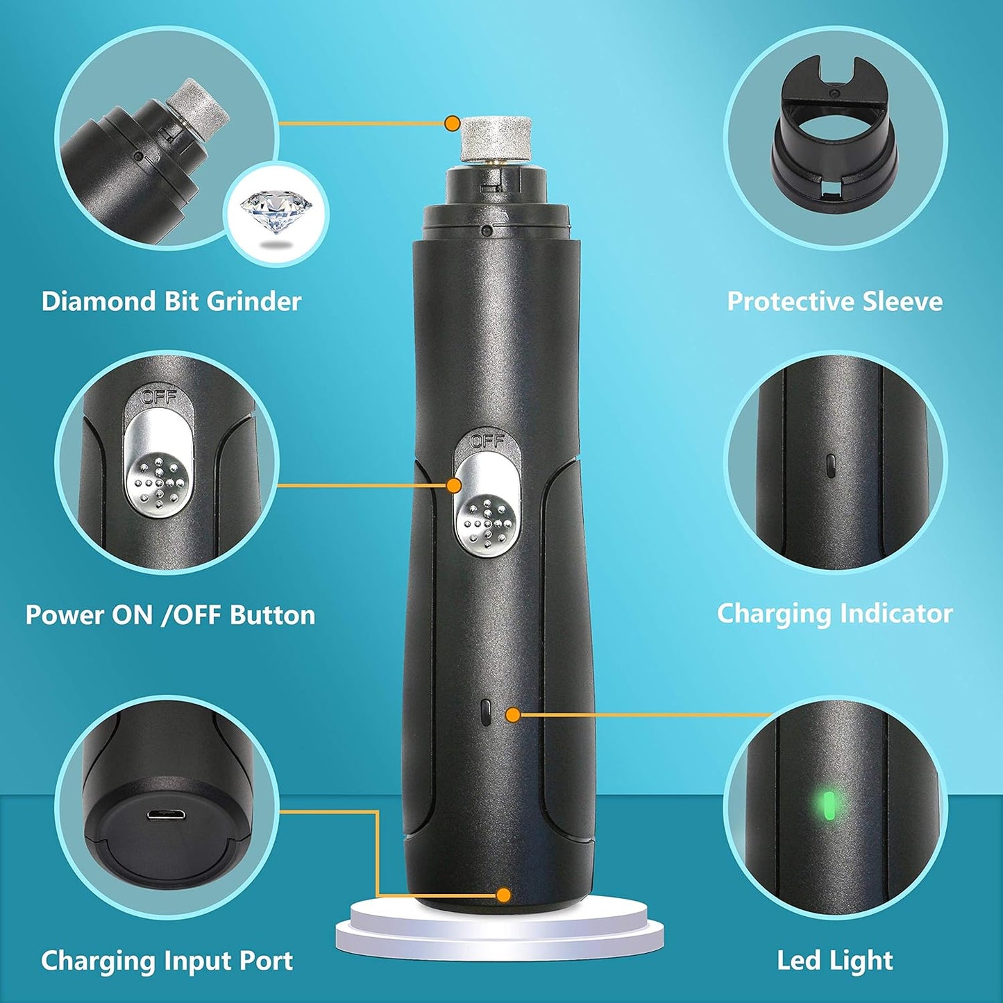 Dog Nail Grinder, Electric Pet Nail Trimmer, Rechargeable Low Noise Dog Nail File Painless Paws Grooming & Smoothing for Small Medium Dogs & Cats (Black)